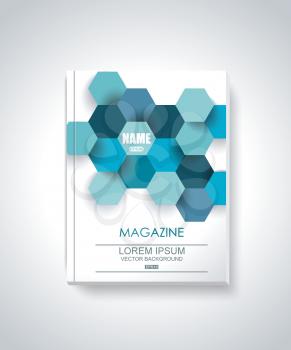 Vector design of Magazine Cover with abstract blue polygonal hexagon background. Geometric pattern.
