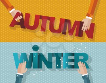 The concept of changing the seasons. Some hands holding the signs AUTUMN and WINTER, retro style, vector. 
