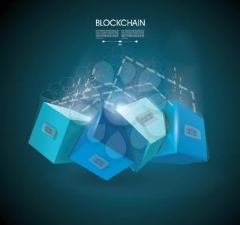 Block chain  with connected crystal block, miner of transaction. Vector illustration.