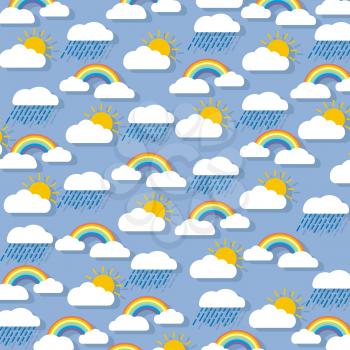 Pastel background, clouds with rainbow, sun and rain,  seamless pattern on blue. Vector.