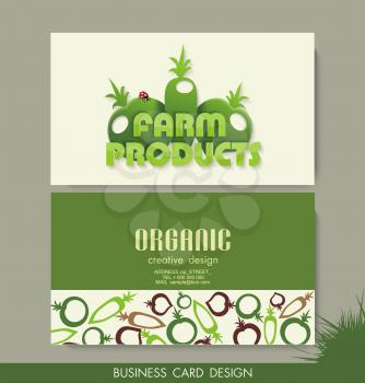 Card set eco design, organic foods shop or vegan cafe business card  with vegetables and fruits doodle background.