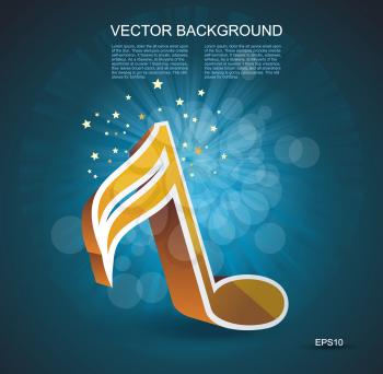 Vector iIllustration of 3D music note in golden glass on dark blue background.