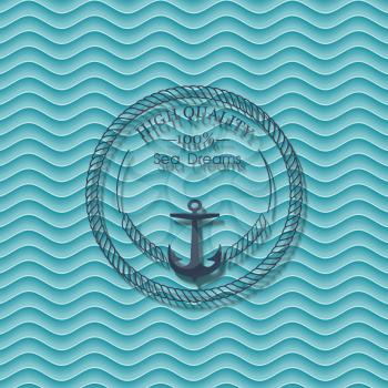Sea label on blue waves background, vector.