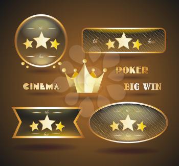 Gold sign set for online casino, poker, roulette, slot machines, card games, cinema, hotel. Vector design template.