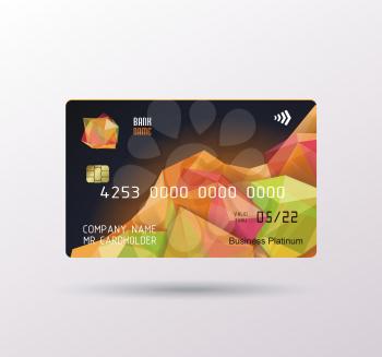 Credit card in abstract geometric  3D shapes design  with shadow. Detailed abstract glossy credit card concept  for business, payment history, shopping malls, web, print.