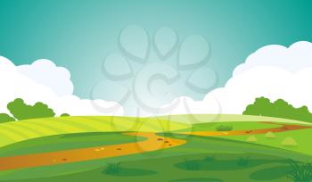 Vector illustration of a serene landscape, beautiful summer dawn, green hills, arable land and winding path, bright color blue sky, country background in flat cartoon style.