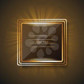Shining rectangle banner with thin golden frame and lights effects. Vector illustration.