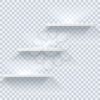 Empty white shelves with lighting effecton transparent background. Front view of realistic, voluminous racks with a shadow. Can be used for interier design or step lines, number levels. 