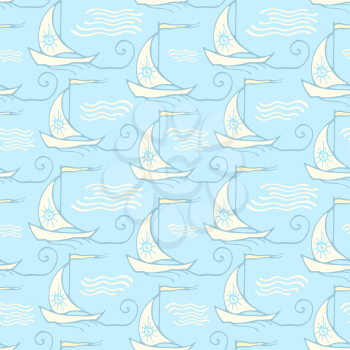 Seamless pattern with decorative retro sailing ships on waves