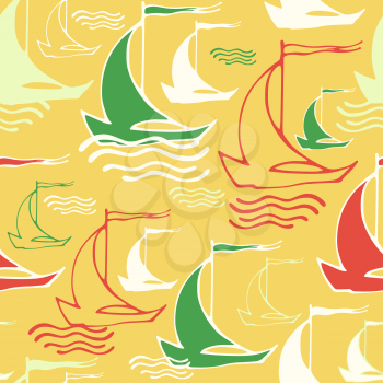 Seamless pattern with decorative retro sailing ships on waves