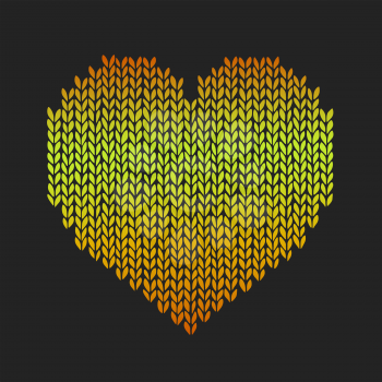 Seamless pattern with golden knitted heart on black background