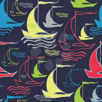 Seamless pattern with sailing ships on waves