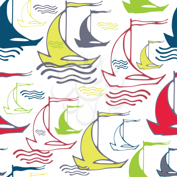 Seamless pattern with sailing ships on waves