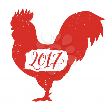 Hand drawn stylized silhouette red rooster isolated on white background. 2017 symbol. Vector illustration. Can be used as a logo, for website background, greeting cards, calendar, printing