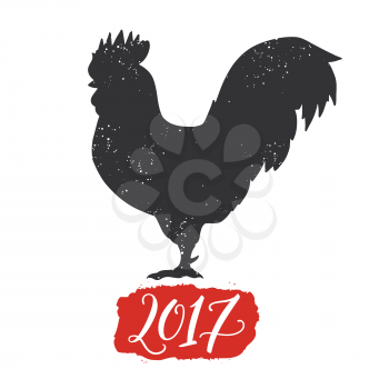 Hand drawn stylized silhouette red rooster isolated on white background. 2017 symbol. Vector illustration. Can be used as a logo, for website background, greeting cards, calendar, printing