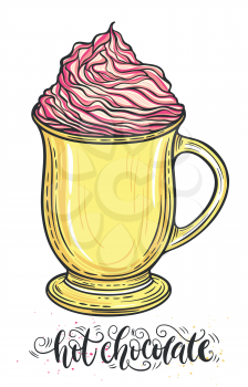 Decorative hand drawn doodle vector illustration. Hot chocolate or coffee in a mug with whipped caramel