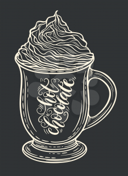 Decorative hand drawn doodle vector illustration. Hot chocolate or coffee in a mug with whipped cream