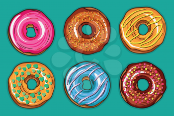 Decorative hand drawn donuts with different colorful icing set. Sweet desert doodle vector illustration