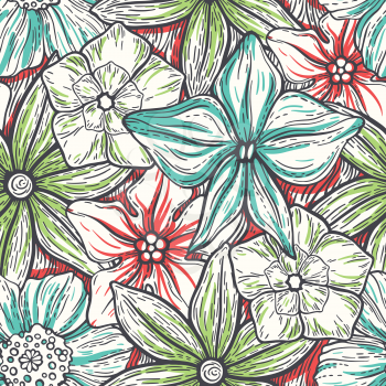 Hand drawn pattern with decorative floral ornament. Stylized colorful flowers. Summer spring neutral background. Vector illustration