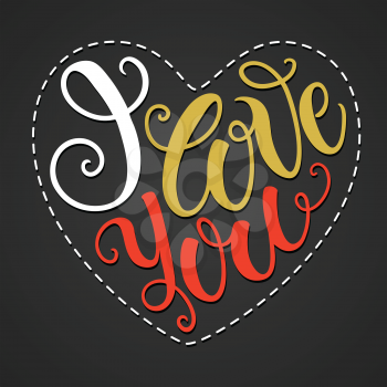 I love you doodle heart shaped hand lettering. Romantic background. Greeting card design template. Can be used for website background, poster, printing, banner. Vector illustration