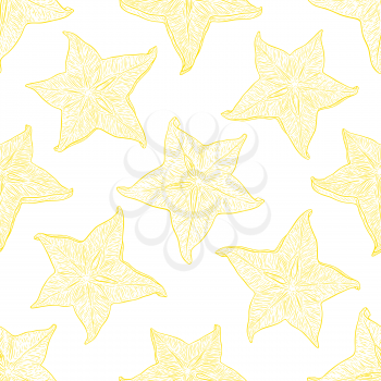 Hand drawn pattern with decorative sliced carambola fruit. Stylized colorful star fruit. Summer spring background, nature collection. Vector illustration