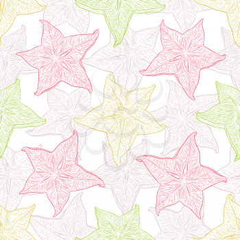 Hand drawn pattern with decorative sliced carambola fruit. Stylized colorful star fruit. Summer spring background, nature collection. Vector illustration