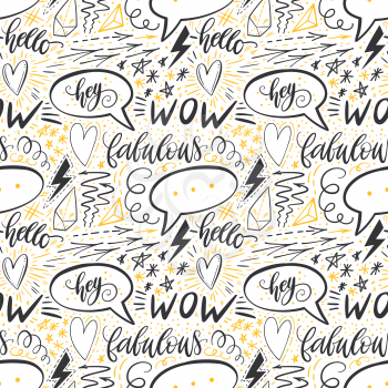 Calligraphy hand lettering seamless pattern. Positive signs, star, heart, speech bubbles, geometric forms. Perfect for print, textile, t-shirts, phone cases. Modern surface design. Vector illustration