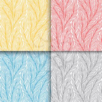 Stylized colorful branches and leaves seamless pattern set. Nature universal textures. Hand drawn decorative floral ornamental background. Vector illustration