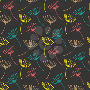 Hand drawn pattern with decorative dandelion seeds. Stylized colorful branches. Summer spring background, nature collection. Vector illustration