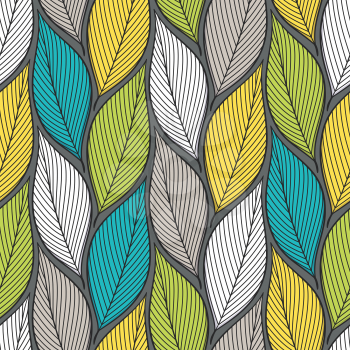 Stylized colorful leaves seamless pattern. Nature universal textures. Hand drawn decorative floral ornamental background. Vector illustration