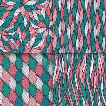 Abstract wavy lines seamless patterns set. Floral organic like vector illustration. Bright colorful seamlessly tiling background collection.
