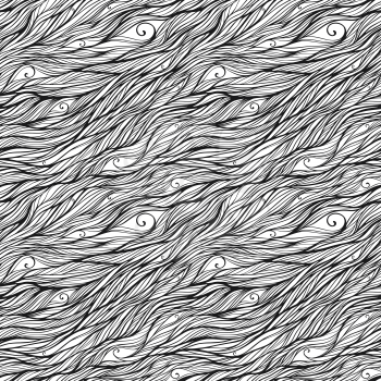 Abstract monochrome black and white doodle seamless pattern. Hand drawn waves ornament. Vector illustration