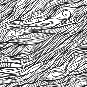 Abstract monochrome black and white doodle seamless pattern. Hand drawn waves ornament. Vector illustration