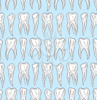 Stylized doodle, hand drawn outline of teeth. A seamless tooth pattern background. Decorative oral dental hygiene vector illustration
