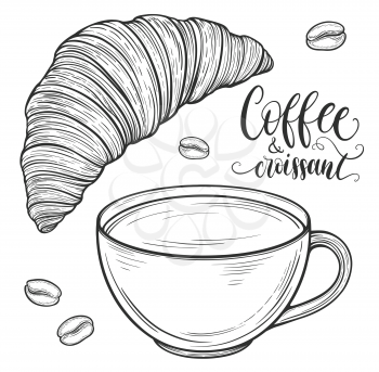 Hand drawn coffee cup and croissant. Isolated on white background. Decorative doodle vector illustration