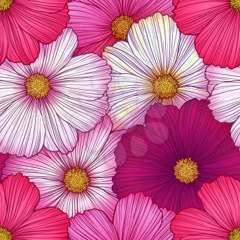 Cosmos flowers seamless pattern. Hand drawn vector illustration