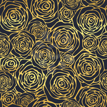 Abstract golden seamless pattern with roses. Waves, curly lines, spiral floral ornament. Universal basic background. Shining luxury glamour vector illustration