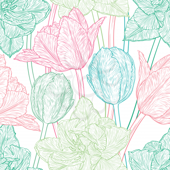 Hand drawn vector illustration Seamless pattern with decorative doodle tulips hand drawn in lines. Vector illustration