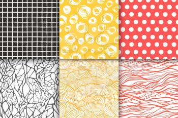 Abstract hand drawn geometric simple minimalistic seamless patterns set. Polka dot, stripes, waves, random symbols textures. Vector illustration