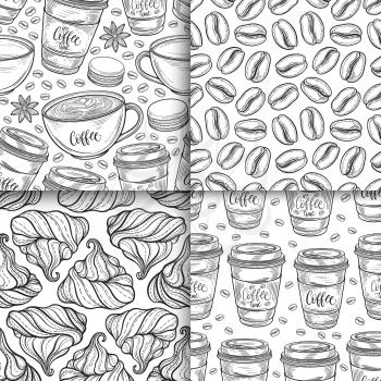 Coffee cups, beans, mugs, macaroons hand drawn seamless pattern set. Monochrome black and white vector background. Decorative sketch doodle illustration