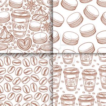 Coffee cups, beans, mugs, macaroons seamless pattern set. Vector background hand drawn in lines collection. Decorative sketch doodle illustration