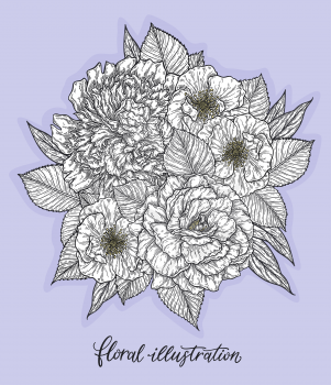 Rose and peonis flower hand drawn in lines. Black and white monochrome graphic doodle elements. Isolated vector illustration, template for design
