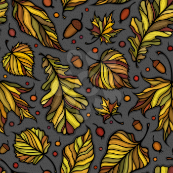 Falling leaves colorful vector illustration. Decorative autumn leaves beautiful seamless pattern. Hand drawn organic lines collecton isolated on white background