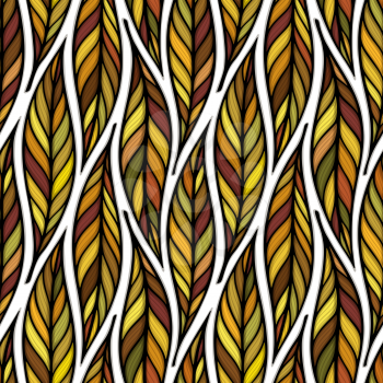 Falling leaves colorful vector illustration. Decorative autumn leaves beautiful seamless pattern. Hand drawn organic lines