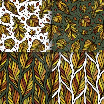 Falling leaves colorful seamless patterns set. Decorative autumn leaves vector illustration. Hand drawn organic lines