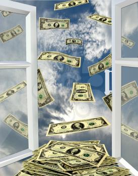 image of opened window to the heaven and flying away dollars