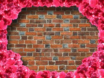 frame from red roses and background from wall from the red brick