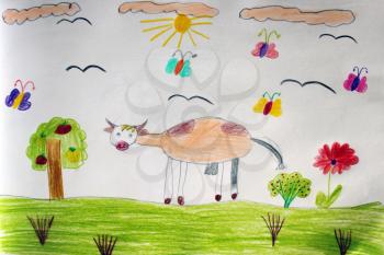 children's drawing of cow grazing on the pasture with flowers
