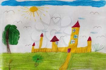 Multicolored child's drawing with great yellow fortress