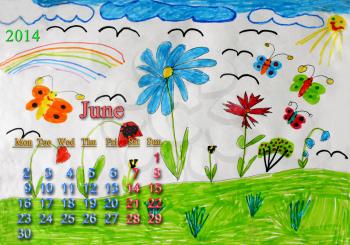 Multicolored children's drawing with butterflies and flowers